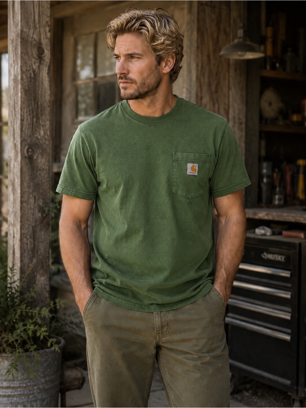 Carhartt Men’s Green Pocket T-Shirt M Workwear Logo Tee Durable Cotton Classic